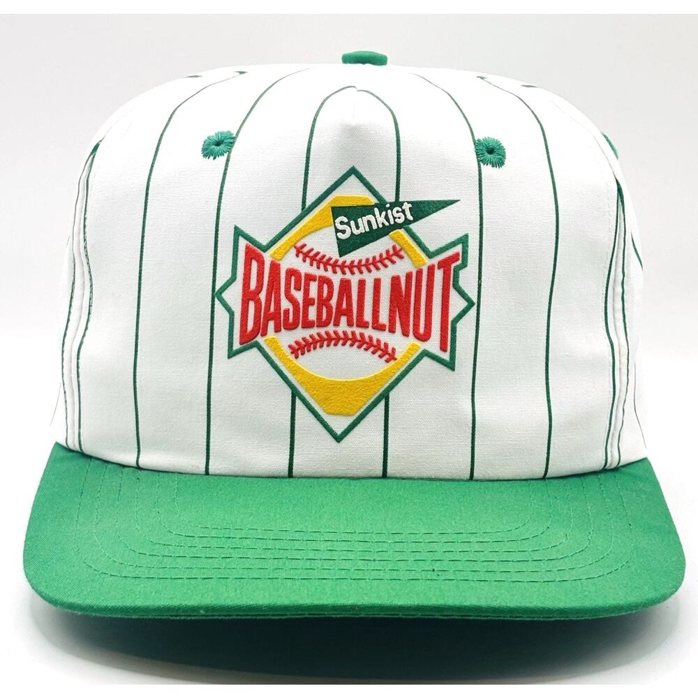 Vintage Sunkist Baseballnut Hat Cap Snap Back Green White Pinstripe Mens 90s